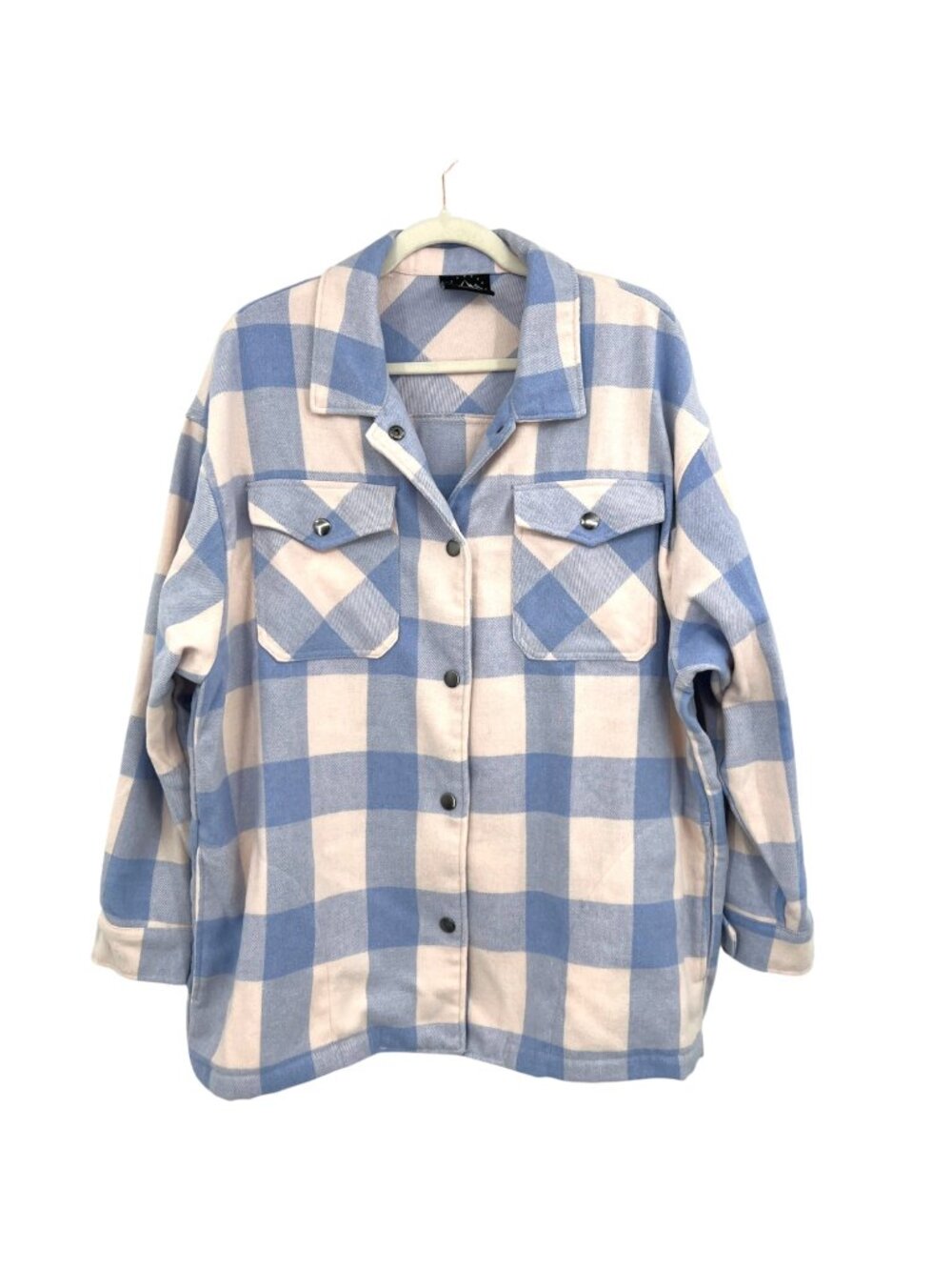 HFX Blue & Cream Plaid Long Sleeve Shacket Front Pockets Size Large